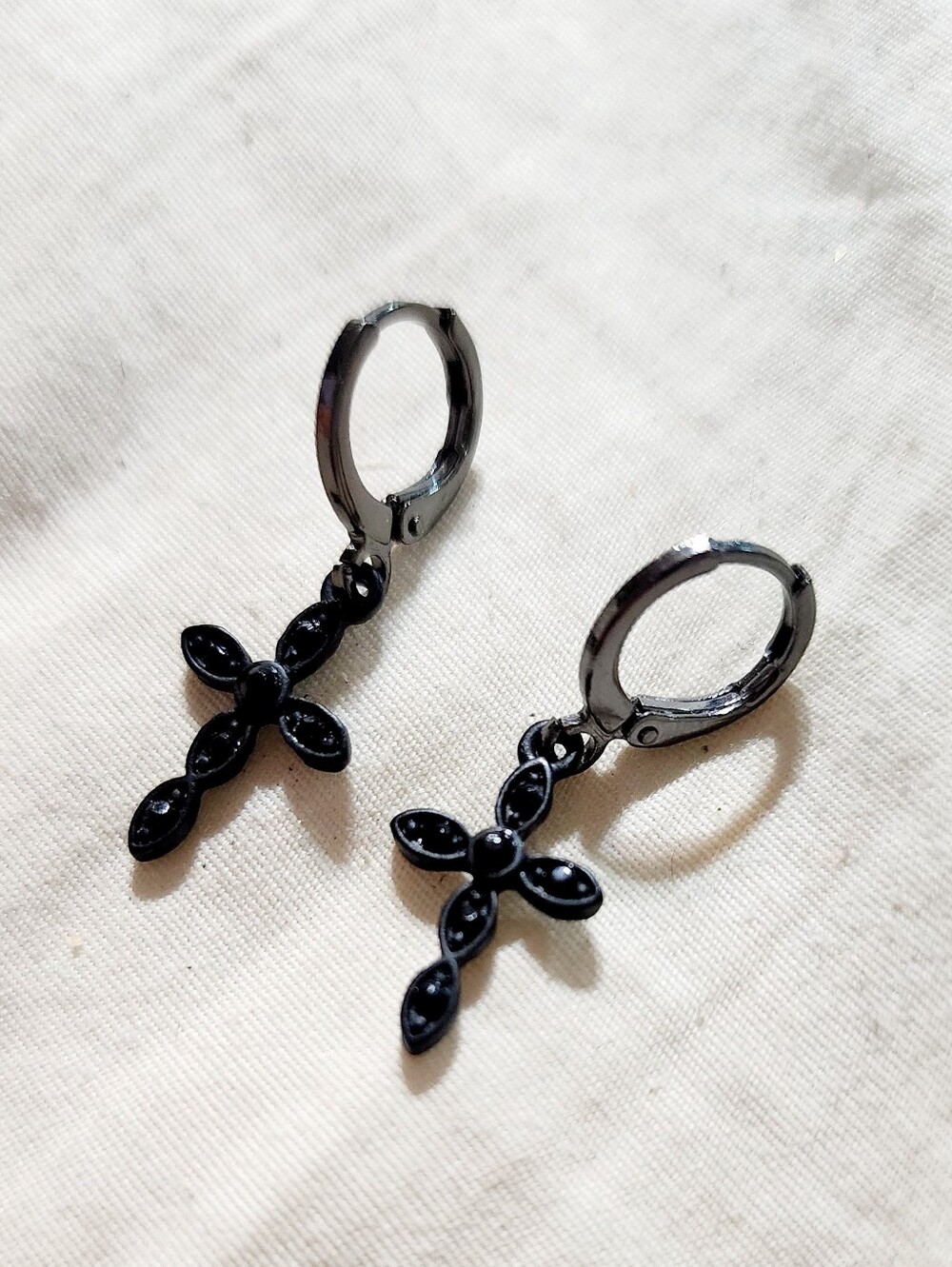 Black Cross Cz Dangle Hoop Earrings - Sleek Gothic Accent